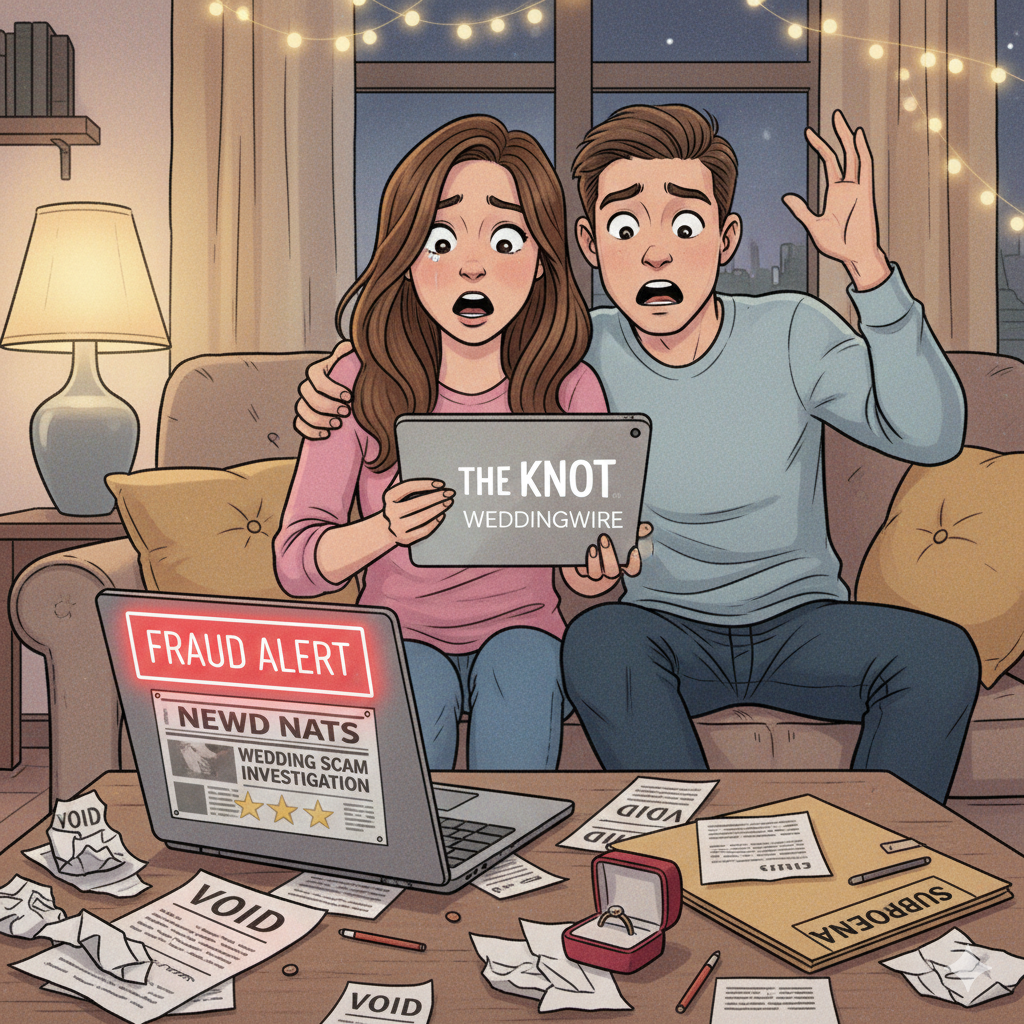 A cartoon image showing a couple planning their wedding and being surprised by the fraud on WeddingWire and The Knot